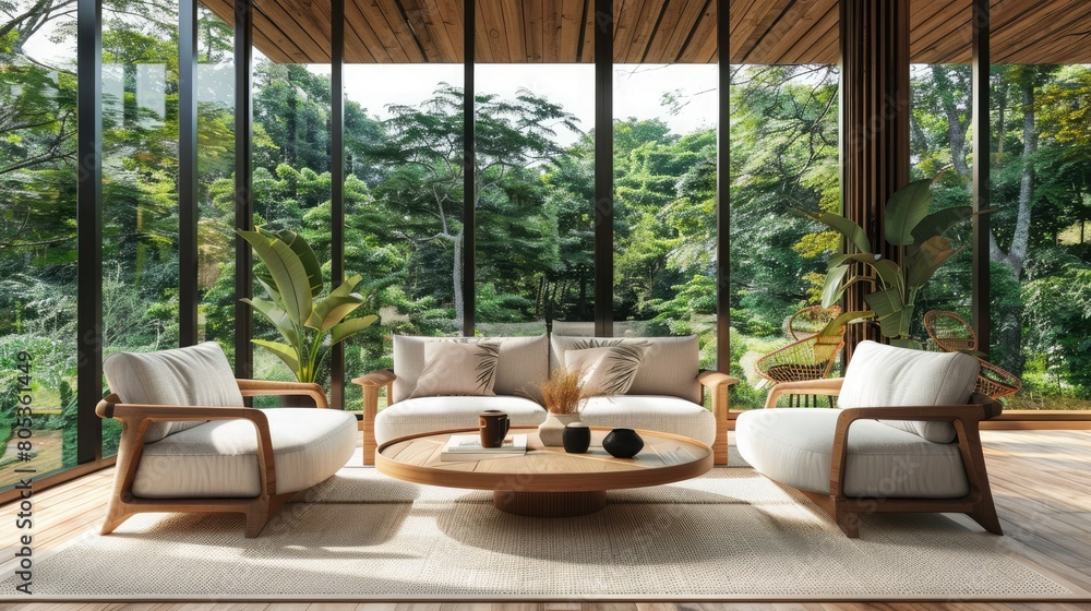 Fototapeta premium Modern living room with nature view 3d rendering Image. There are decorate room with wood. There are large window overlooking the surrounding nature and forest