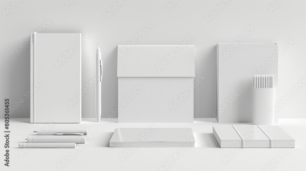 isolated background mockup of a notepad, pen, USB, box, and package isolated background mockup of a notepad, pen, USB, box, and package