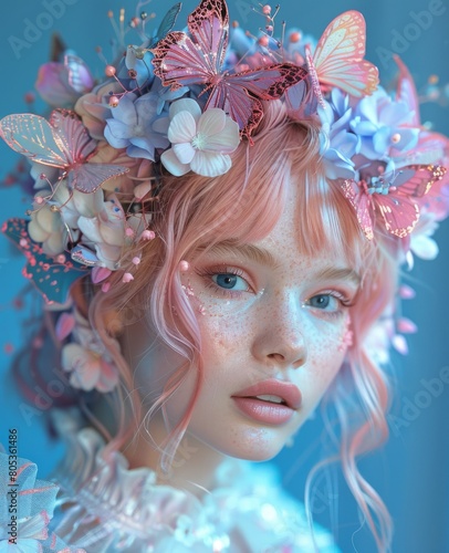 portrait of beautiful woman with creative make - up and flowers