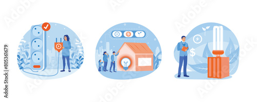 Renewable energy. People reduces electricity use. Energy-saving light bulb. Energy consumption concept. Set flat vector illustration.