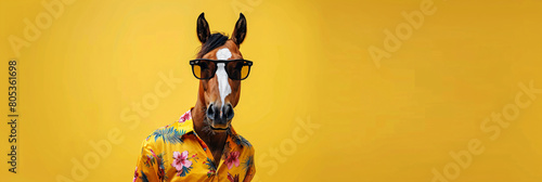 Horse wearing sunglasses and tropical shirt against a yellow background. Playful summer vibe concept. Studio pet portrait for design and print.
