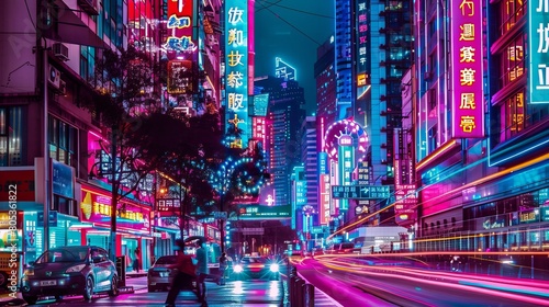 A cityscape at night with busy streets lined with glowing neon signs in an Asian city, capturing the urban hustle