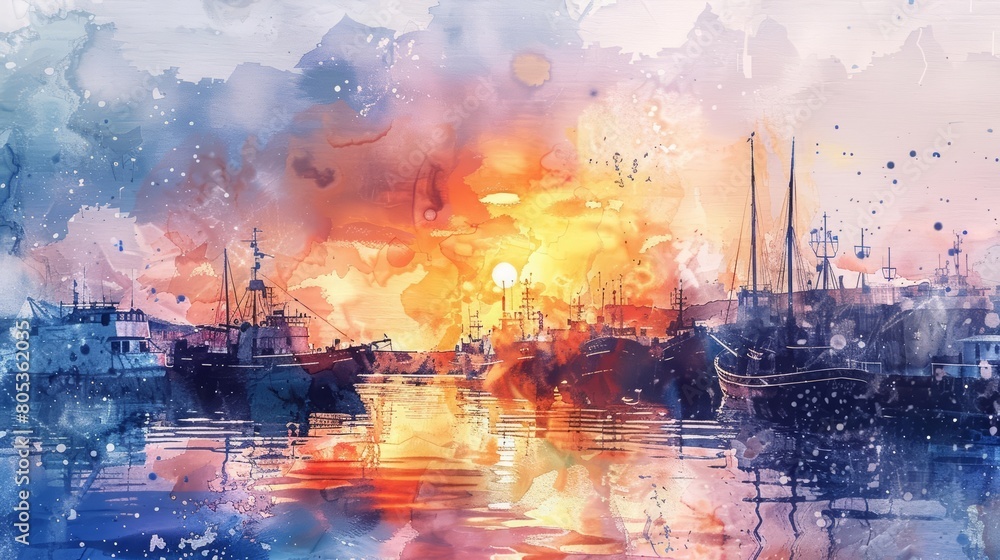 A watercolor painting captures a bustling harbor filled with boats at sunset, Clipart minimal watercolor isolated on white background