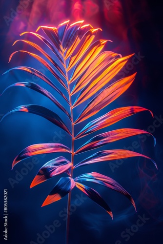 tropical palm leaves with neon lights. summer and summer concept.