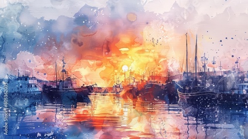 A watercolor painting captures a bustling harbor filled with boats at sunset  Clipart minimal watercolor isolated on white background