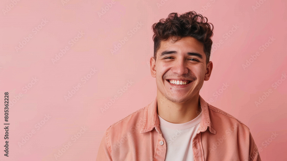 A man with curly hair is smiling and wearing a pink shirt A man with curly hair is smiling and wearing a pink shirt