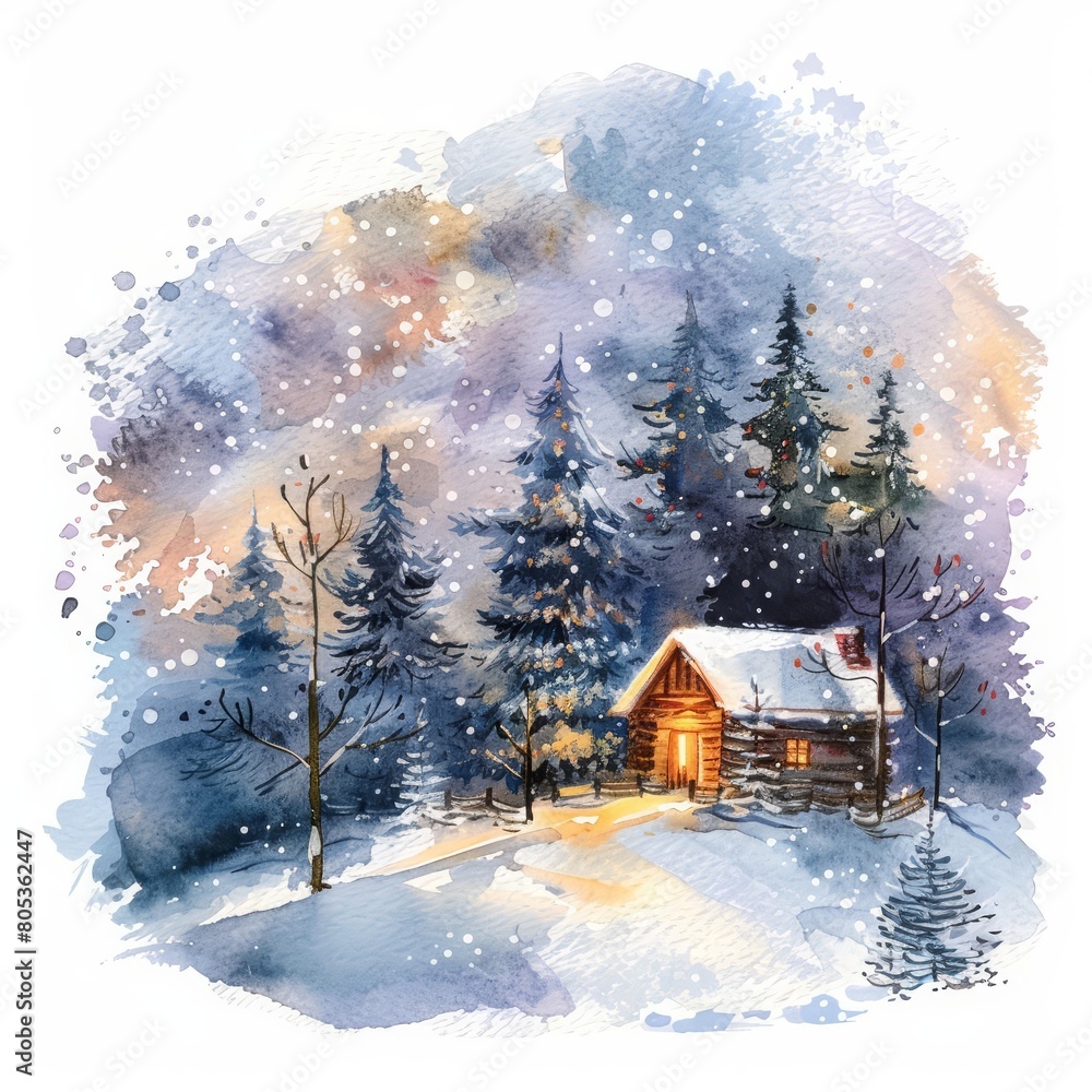 Naklejka premium A watercolor painting of a snowy forest scene with a small cabin aglow with warm light, Clipart minimal watercolor isolated on white background