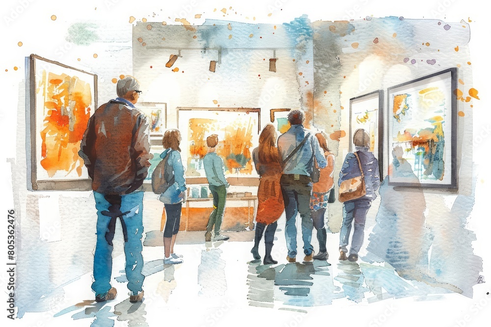 Naklejka premium A watercolor painting of an art gallery opening with guests admiring various works, Clipart minimal watercolor isolated on white background