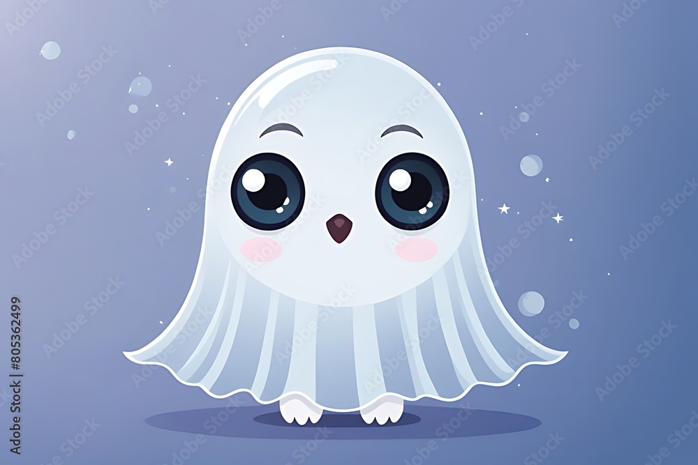 Obraz premium The character's concept entails a diminutive ghost adorned with large, translucent eyes, crafted in a children's illustration style.vector illustration of a white ghost with a big blue eyes.