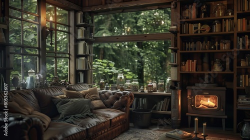 A cozy and atmospheric cabin interior lit by a fireplace  filled with books and comfy furnishings
