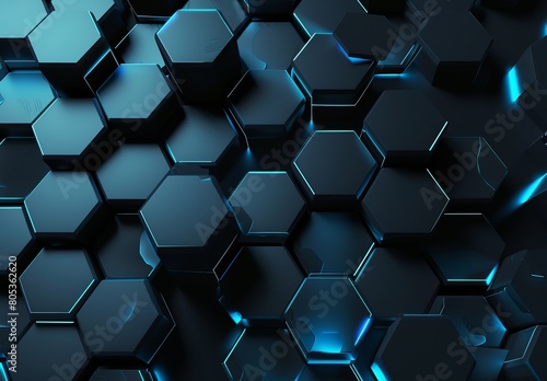 An intricate pattern of hexagons in varying shades of blue, highlighted by neon light accents suggesting a technological or scientific theme photo