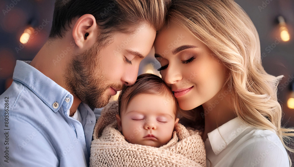 A serene portrait of parents with their happy, peaceful, and calm baby. A serene portrait of parents with their happy, peaceful, and calm baby.