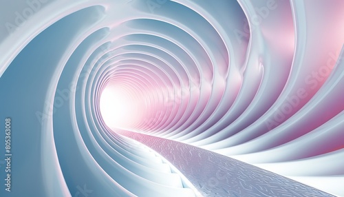 A visually striking 3D illustration of an abstract tunnel with swirling pink and white patterns leading into the distance