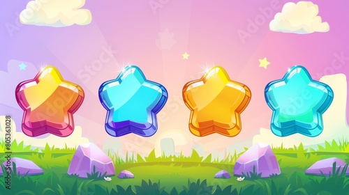 Cartoon design for UI interface for select level. Isolated rock activation button with blue star score and green grass. photo