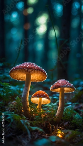 Magical Mushroom Realm, Close-up view of luminescent mushrooms casting an ethereal glow in a mysterious forest setting.