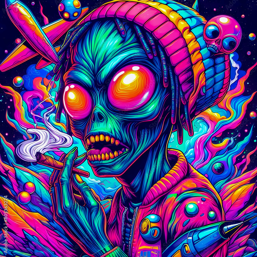 digital art vibrant colorful psychedelic cool hiphop alien smoking a blunt