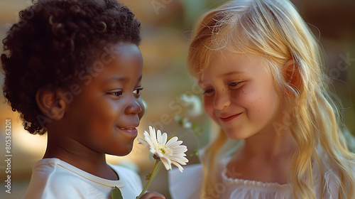 Little African boy gives a flower to a blonde girl, he looks at her with tenderness and love, friendship, first love
