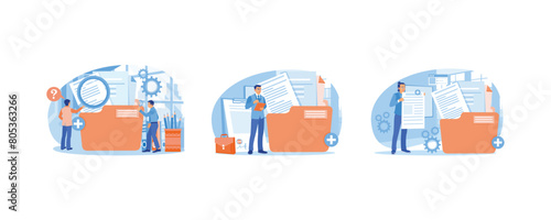 An office worker looks for files. Businessman holding document on clipboard. Save files in large folders. Storage concept. Set flat vector illustration.