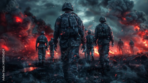 Apocalyptic Battlefield Scene with Soldiers Walking Through Fiery Ruins photo
