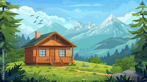 The cozy wooden hut in the mountain valley has a porch, stairs, and chimney on the roof. It depicts a spring forest with green grass and trees, vacation camping, and birds in the sky.