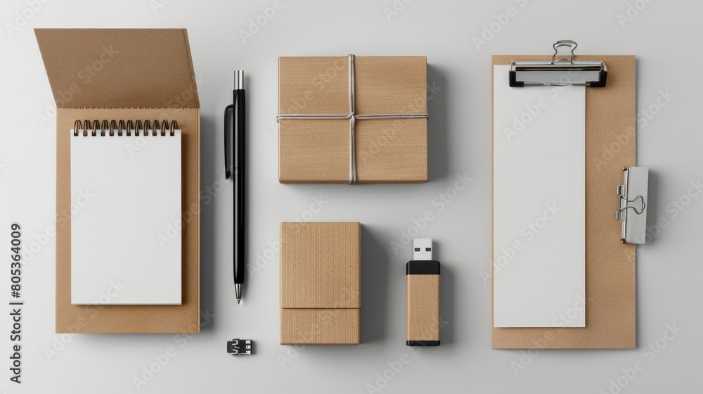 isolated background mockup of a notepad, pen, USB, box, and package isolated background mockup of a notepad, pen, USB, box, and package