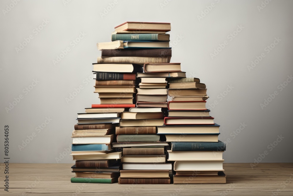 Teetering Book stack on floor. Learn page. Generate Ai Teetering Book stack on floor. Learn page. Generate Ai