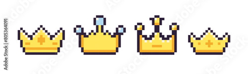 Pixel art 8 bit crown isolated vector set. Cartoon style illustration of golden crown pixel icons. Isolated on white