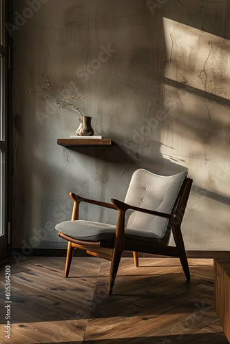 Warm sunlight illuminates a cozy corner featuring a modern wooden chair and vase on a floating shelf against a textured wall