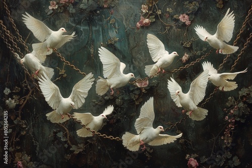 White doves in chains, for freedom day, peace day or juneteenth photo