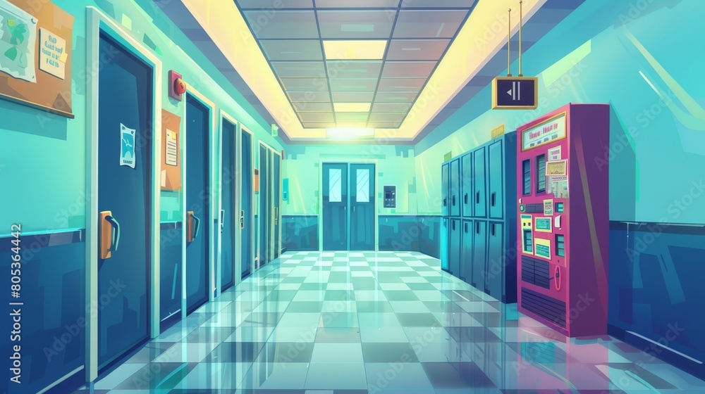 A cartoon illustration of an empty elementary or high school hallway with doors to classrooms, lockers, vending machines, noticeboards and bells.