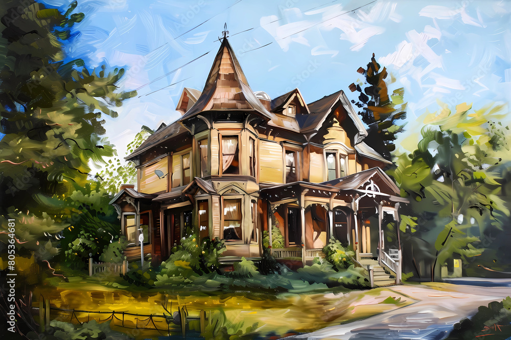 Carpenter Gothic Style House (Oil Painting) - United States in the mid-19th century, characterized by a steep pitched roof with gables, decorative trusses, and ornate details
