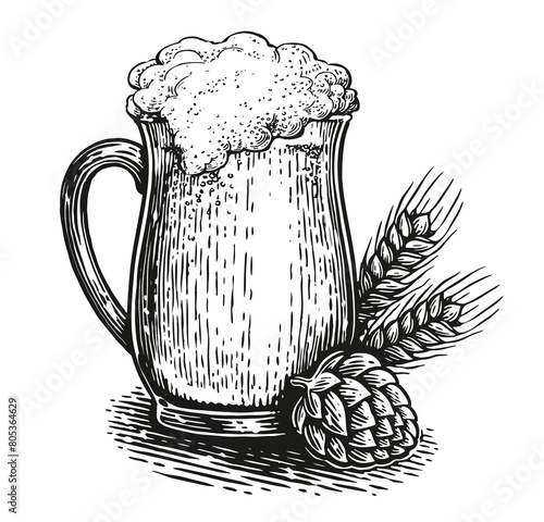 Illustration of a Beer mug with foam in engraving style. Restaurant or pub menu design element. Sketch drawing