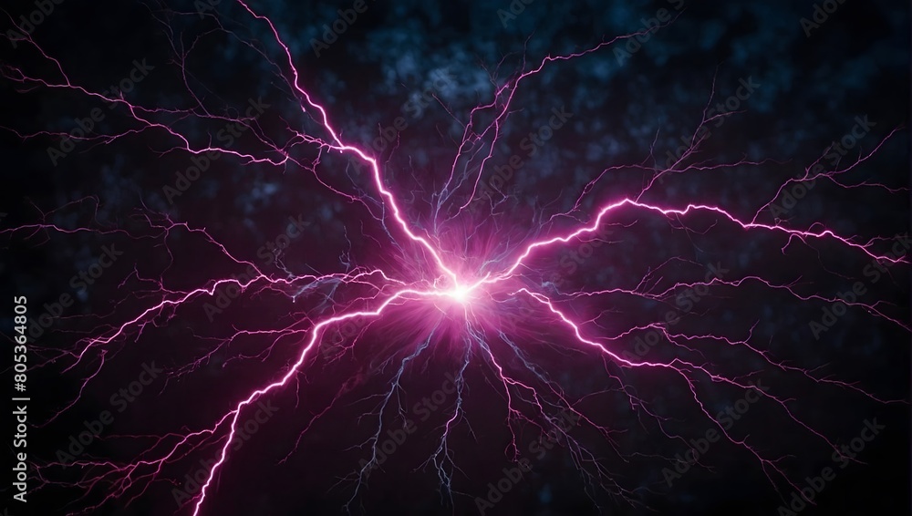 Magenta lightning illuminates the night, casting an otherworldly glow against the black canvas.