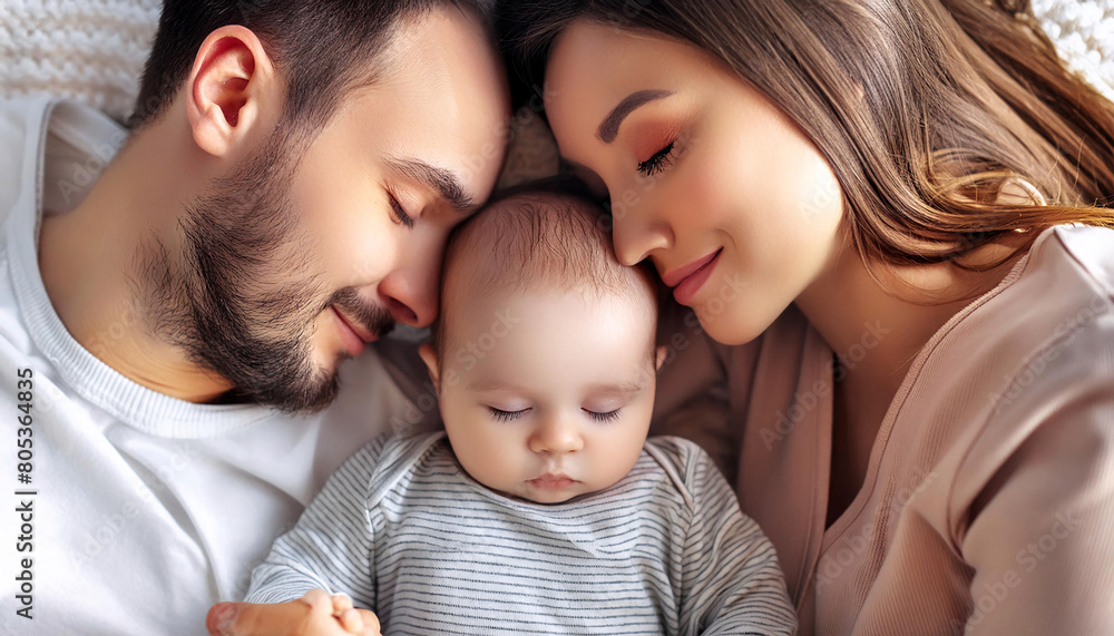 A serene portrait of parents with their happy, peaceful, and calm baby. A serene portrait of parents with their happy, peaceful, and calm baby.