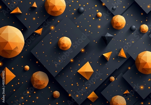 An intricate geometric pattern with 3D orange shapes and dynamic shadows on a dark background