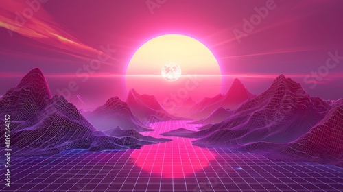 A synthwave retro backdrop with grid mountain and neon pink sunset. Realistic modern illustration of an abstract wireframe geometric hills landscape.