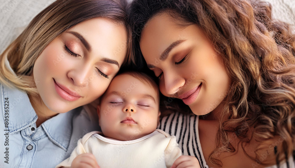 A serene portrait of two women with their happy, peaceful, and calm babies. A serene portrait of two women with their happy, peaceful, and calm babies.
