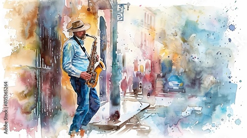 In this engaging watercolor painting, a musician plays the saxophone on a lively street corner, Clipart minimal watercolor isolated on white background