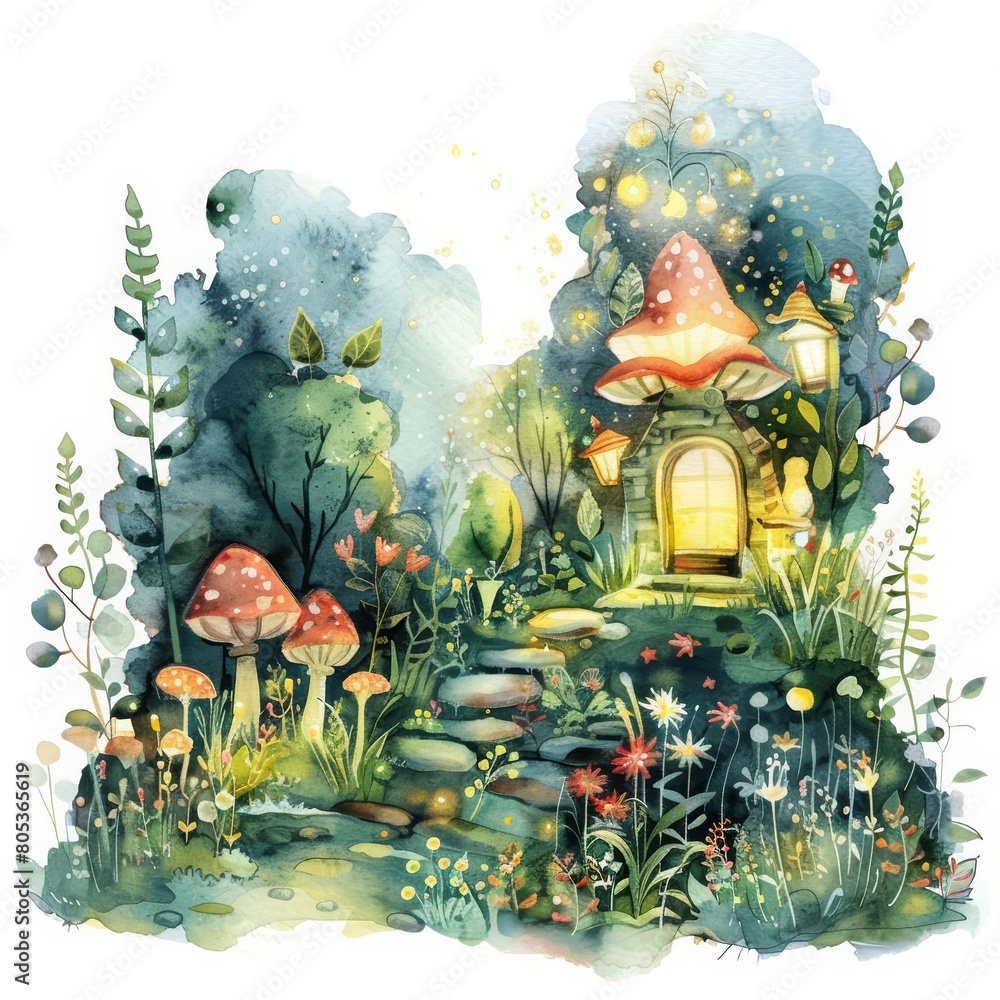 In this watercolor painting, a whimsical fairy garden lit by twinkling lights, Clipart minimal watercolor isolated on white background