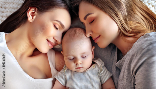 A serene portrait of two women with their happy  peaceful  and calm babies.