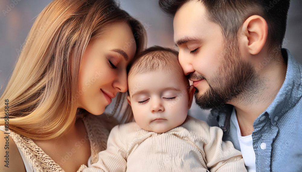 A serene portrait of parents with their happy, peaceful, and calm baby. A serene portrait of parents with their happy, peaceful, and calm baby.