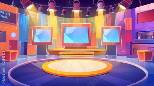 Cartoon modern illustration of studio room interior with stage for trivia show with contest participants and presenters, challenges, ratings, spotlights. photo
