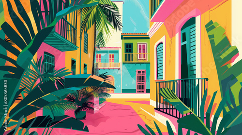 Colorful Cuba street with Palms