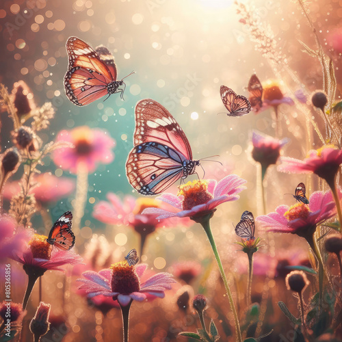 Generative AI view of beautiful butterflies perched on blooming flowers, beautiful flower views blooming in addition to beautiful butterflies, beautiful views of flower plants infested by butterflies photo