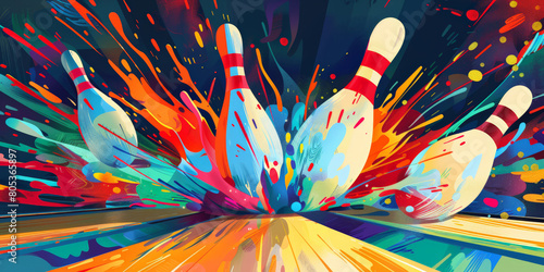Explosive Colorful Abstract Art of Bowling Pins with Dynamic Paint Splashes