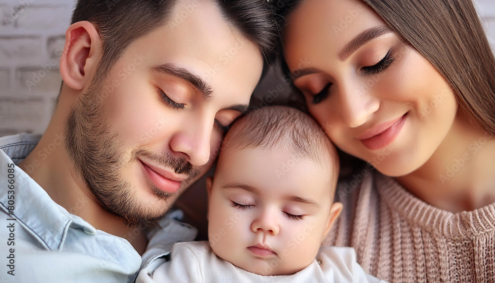 A serene portrait of parents with their happy, peaceful, and calm baby. A serene portrait of parents with their happy, peaceful, and calm baby.