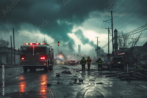 Emergency Responders Attend to a Traffic Accident Scene on a Rainy, Foreboding Day photo