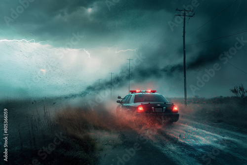 Emergency Police Car Responding to a Call in a Severe Lightning Storm, Urgent Action.