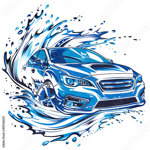 car wash logo; car model with water splashes; blue and white; modern illustration.