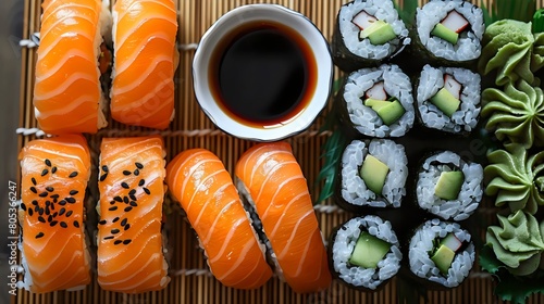 Fresh salmon maki sushi rolls with chopsticks on a plate, a delicious Japanese meal featuring raw fish and rice photo
